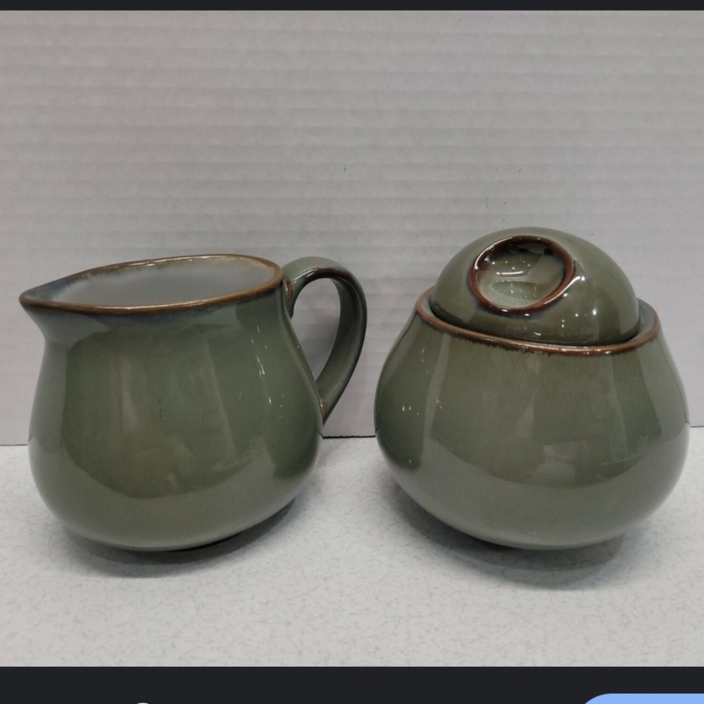 Sango Olive Green Ceramic sugar and creamer w/lid